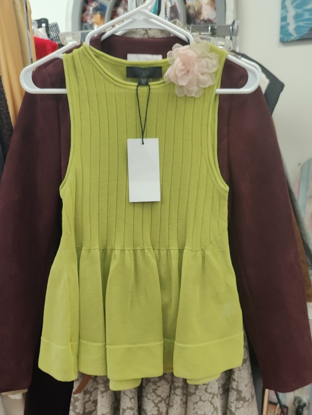 Zara Lime Green Sleeveless Peplum Top with Pink Fabric Flower